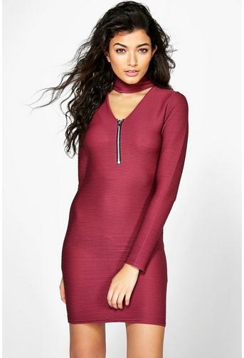 Ava Choker PlungeZip Bodycon Rib Dress