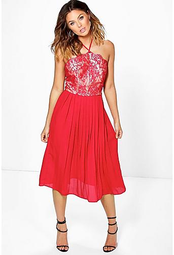 Betty Lace Top Pleated Skirt Skater Dress