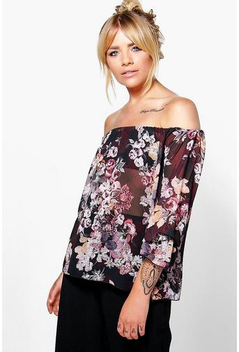 Amber Floral Printed Ruffle Sleeve Bardot