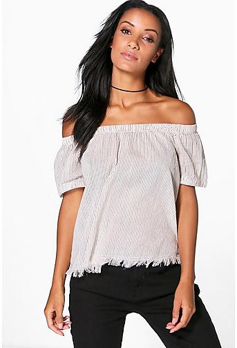 Tanya Woven Stripe Raw Edge Off The Shoulder Top