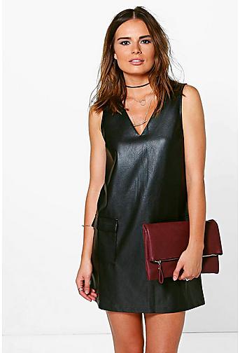 Natasha Faux Leather Pocket Pinafore Dress