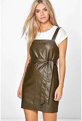 Sadie Faux Leather Tie Front Pinafore Dress
