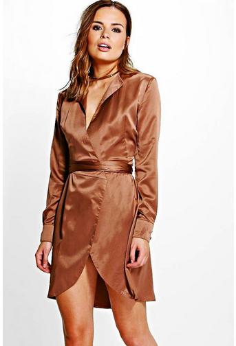 Karlie Satin Wrap Shirt Dress