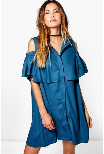 Victoria Cold Shoulder Ruffle Shirt Dress