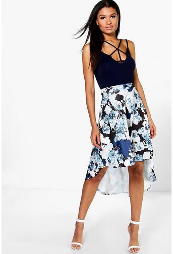 Boutique Cate Floral Dipped Hem Midi Skirt