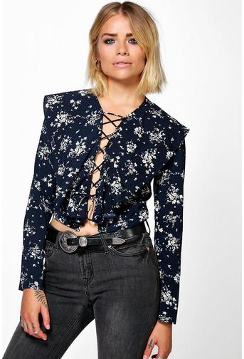 Elsa Lace Up Floral Print Ruffle Blouse