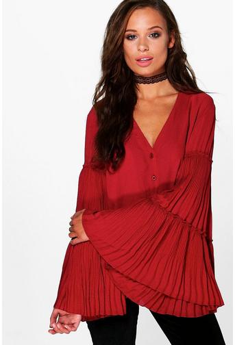 Amy Pleated Flute Sleeve Blouse