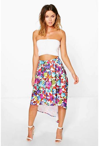Madina Bright Floral Dipped Hem Full Midi Skirt