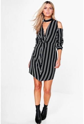 Cara Stripe Plunge Cold Shoulder Shift Dress
