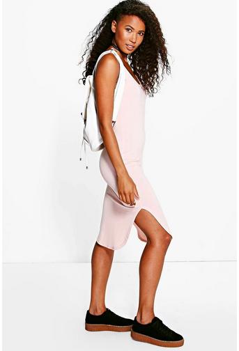Tia Scoop Neck Curved Hem Midi Bodycon Dress