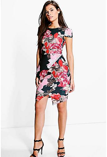 Jess Floral Print Cap Sleeve Peplum Midi Dress