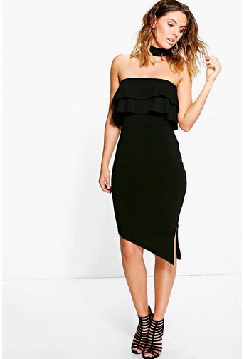 Chelsey Choker Frill Asymmetric Midi Dress