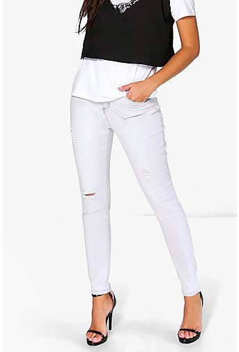 Carly Distressed Mid Rise Light Grey Skinny Jeans