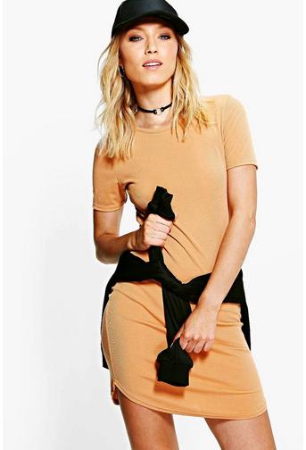 Vicky Curved Hem Ribbed Bodycon Dress
