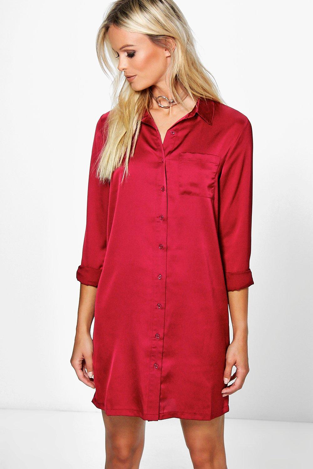 white satin shirt dress