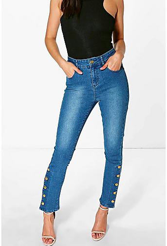 Ellie Side Button Skinny High Rise Jeans