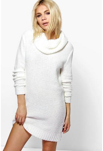 Tia Cowl Neck Boucle Soft Knit Jumper Dress