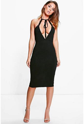 Sara Lace Trim Detail Tie Neck Midi Dress