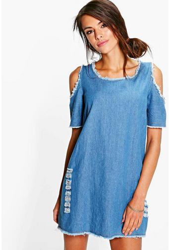 Carly Cold Shoulder Fray Denim Dress