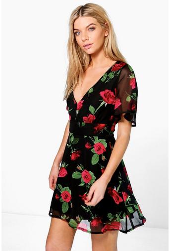 Hermia Rose Print Plunge Neck Skater Dress