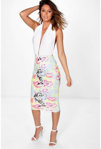 Loriana Bright Floral Bodycon Midi Skirt