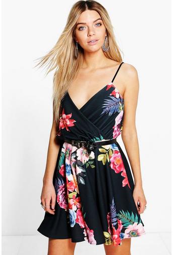 Laura Floral Strappy Wrap Skater Dress