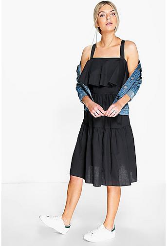 Kyra Cotton Ruffle Off Shoulder Midi Dress
