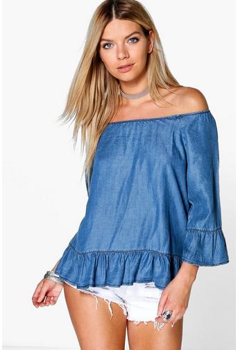 Tara Ruffle Detail Off The Denim Shoulder Top