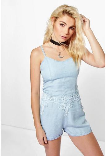 Lara Crochet Detail Denim Playsuit