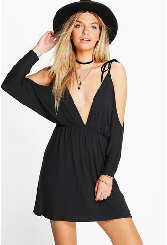 Lola Tie Detail Cold Shoulder Plunge Skater Dress