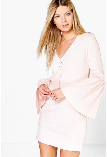 Sophia Plunge Oversized Flute Sleeve Dress