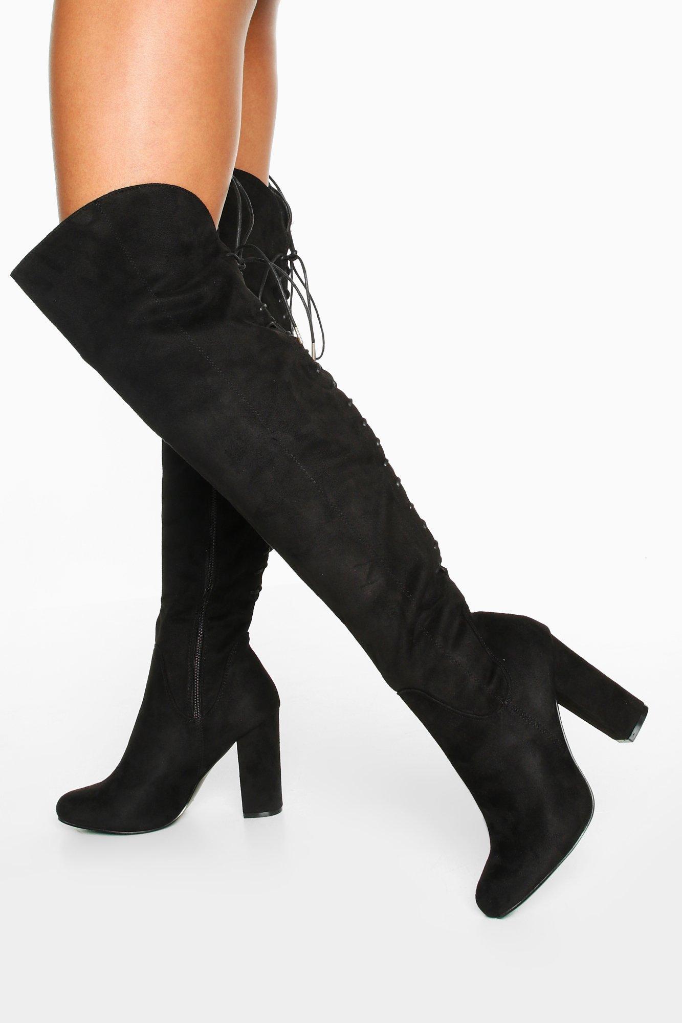 Boohoo Womens Lace Back Block Heel Over The Knee High Boots - Black - 3