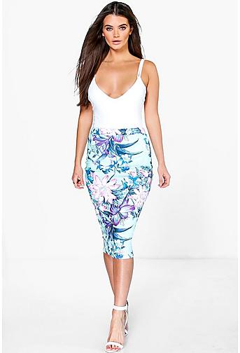 Ezriel Tropical Floral Print Midi Skirt