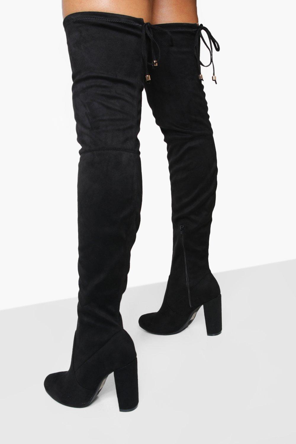 block heel tie back thigh high boots