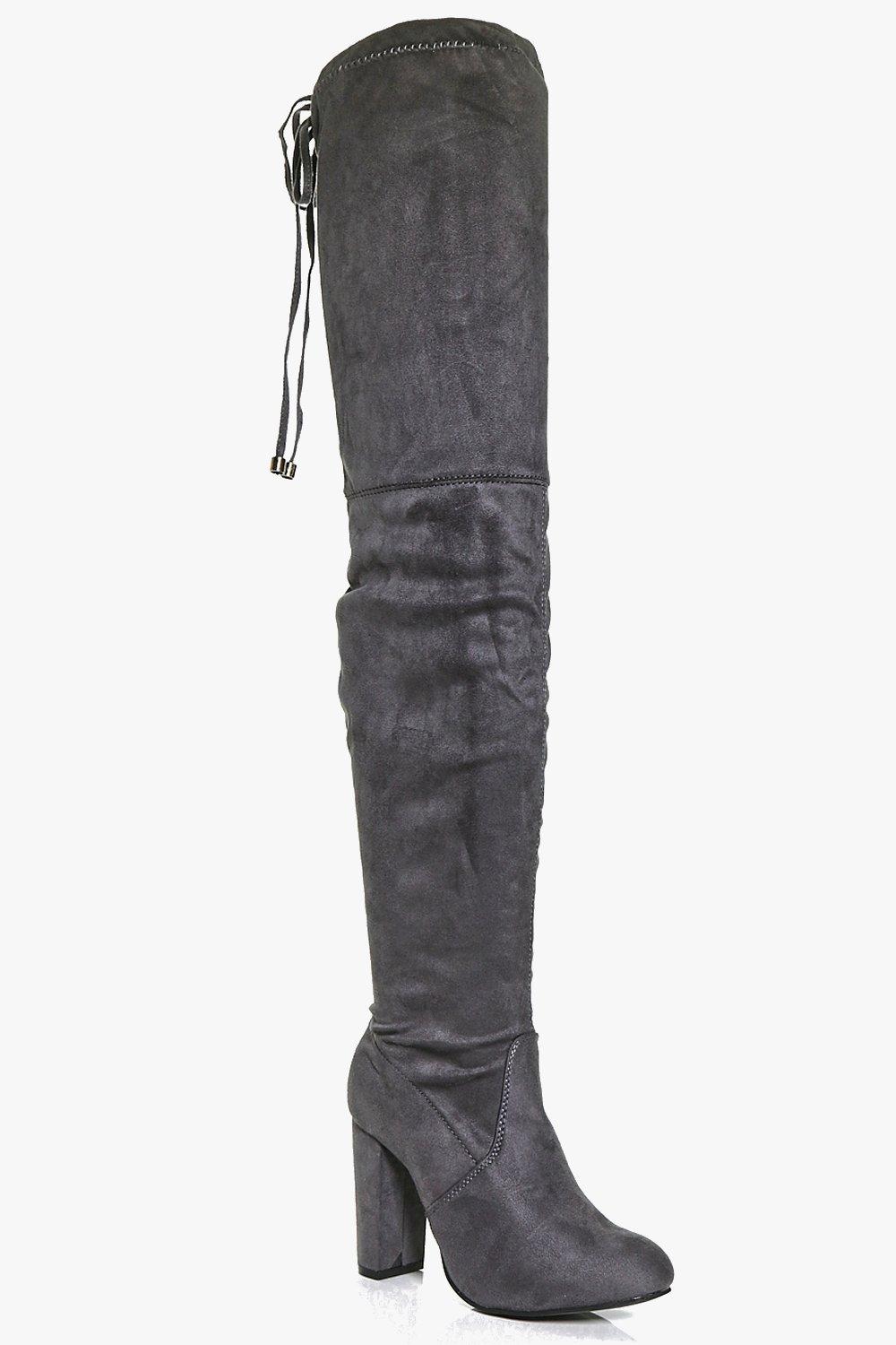 block heel tie back thigh high boots