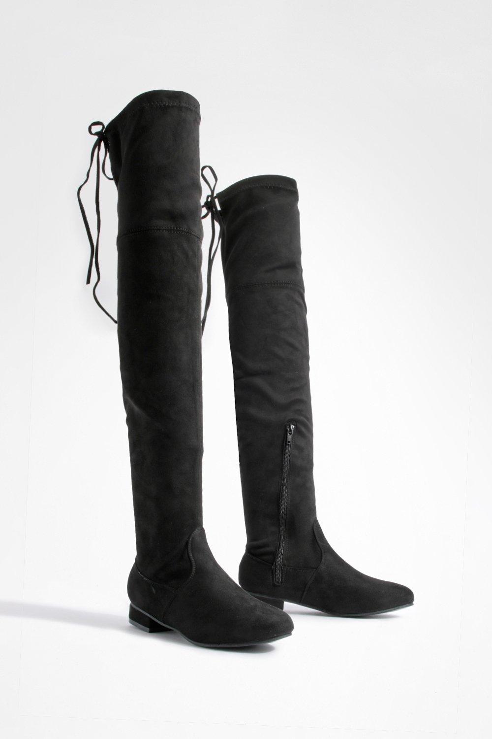boohoo Womens Flat Tie Back Thigh High Boots - Black - 5, Black