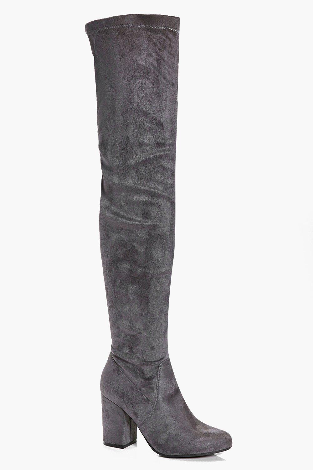 grey knee high boots block heel