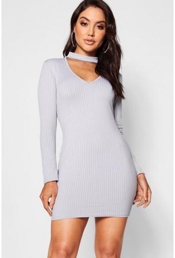 Ita High Neck Plunge Ribbed Bodycon Dress