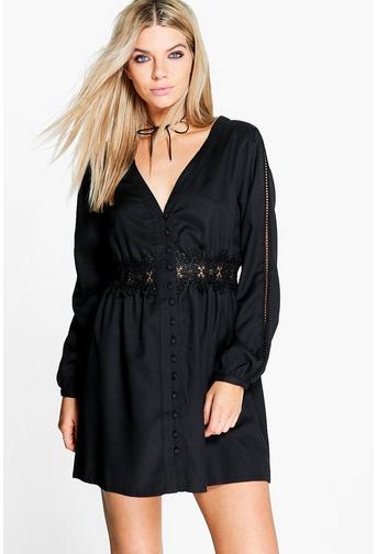 Sara Lace Trim Long Sleeve Shirt Dress