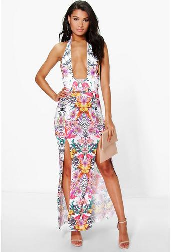 Kirst Cut Out Halter Neck Tropical Print Maxi Dress