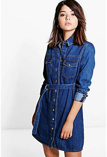 Amy Belted Button Front Denim Dress