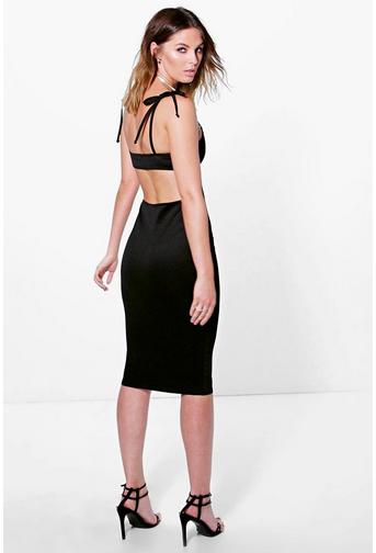 Erin Plunge Bar Tie Strap Open Back Midi Dress