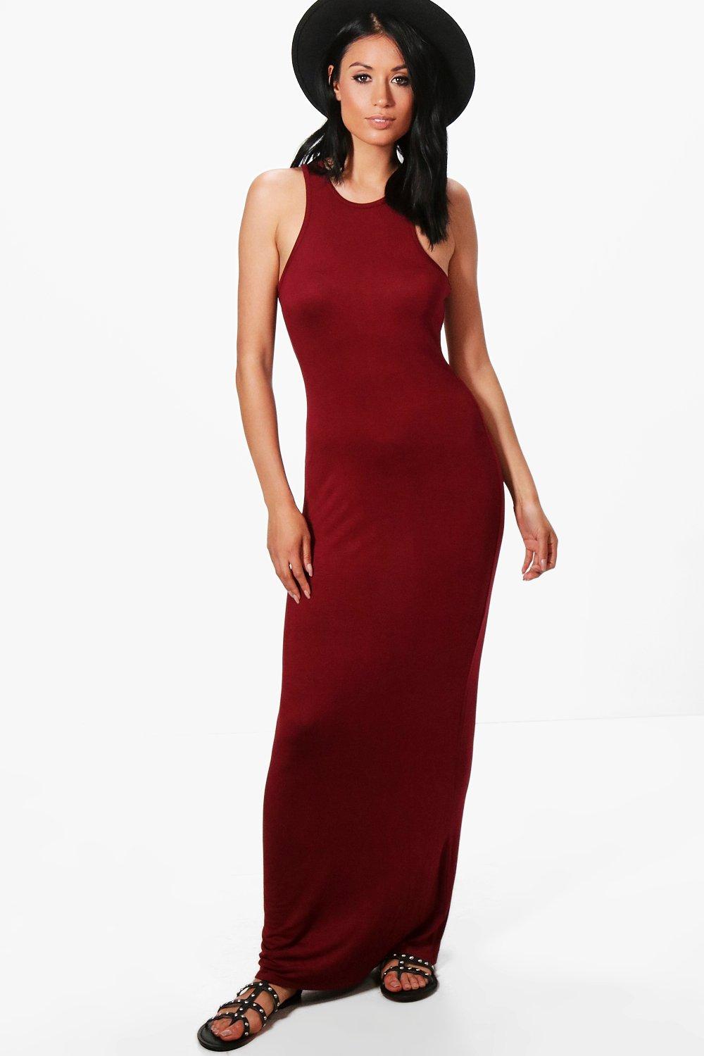 Boohoo Basic Maxi Jurk Met Racer Hals, Burgundy