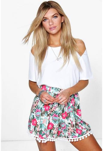 Kitty Pom Pom Trim Floral Flippy Shorts