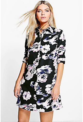 Megan Blured Floral Print Shirt Dress