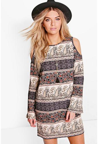 Lucia Paisley Cold Shoulder Flared Sleeve Dress