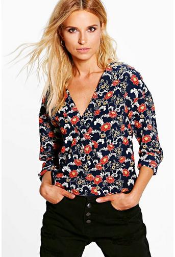 Tia Wrap Over Oriental Floral Print Blouse