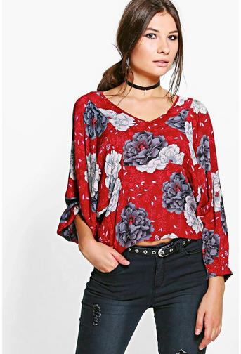 Bonnie Oriental Floral V Neck Blouson Sleeve Blouse