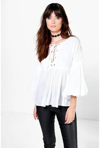 Sophie Lace Up Blouson Sleeve Pleated Blouse