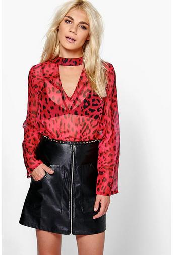 Holly Leopard Print Open Neck Detail Blouse